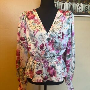 Express Floral Wrap Peplum Blouse - Pink & Green
